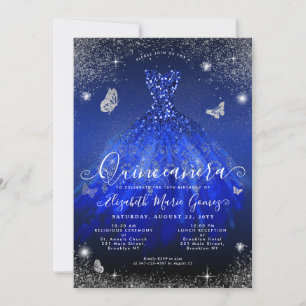 Convites Glam Royal Blue Silver Glitter Gown Quinceanera