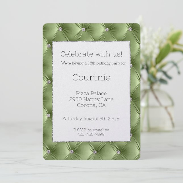 Convites Glam Sage Green Silver Faux Velvet Aniversário (Em pé/Frente)