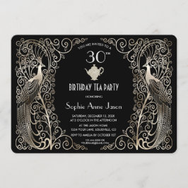 Convites Glam Silver Art Deco Peacocks Birthday Tea Party