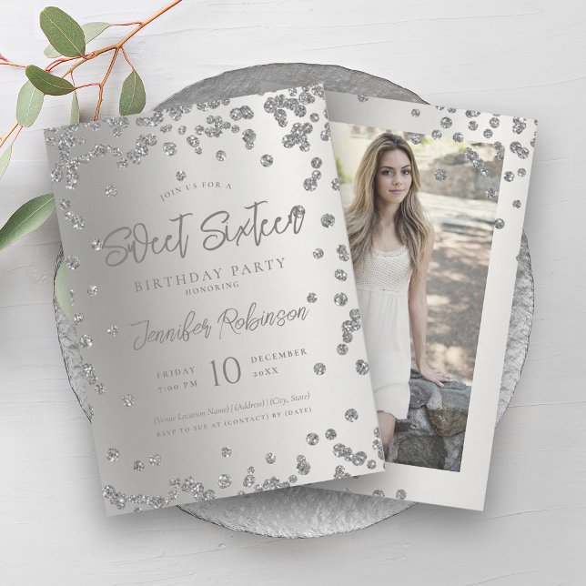Convites Glam Silver Chic Glitter Foto Sweet 16 (Glam Silver Chic Glitter Photo Sweet 16 Invitation)