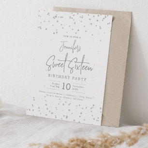 Convites Glam Silver Faux Foil Pontos Sweet 16 Party