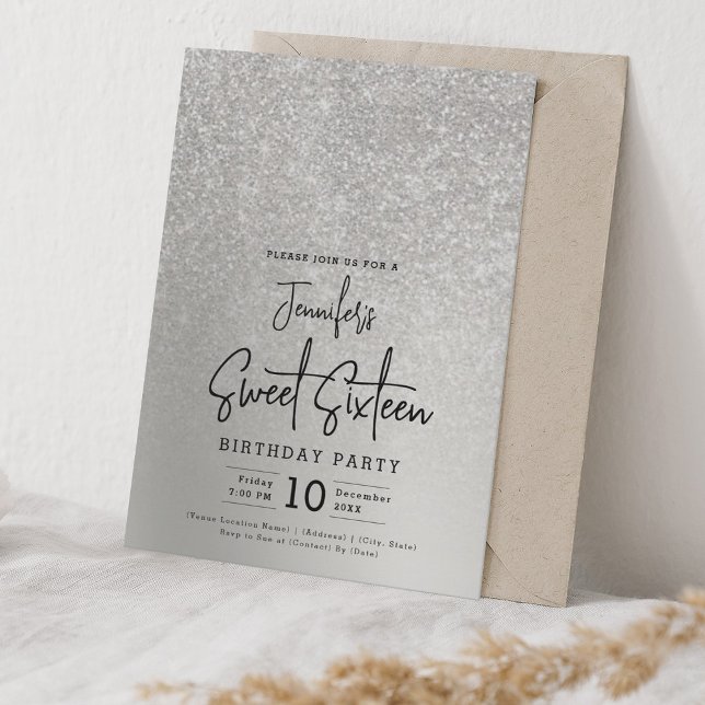 Convites Glam Silver Faux Glitter Sparkle Sweet 16 Party (Glam Silver Faux Glitter Sparkle Sweet 16 Party Invitation)