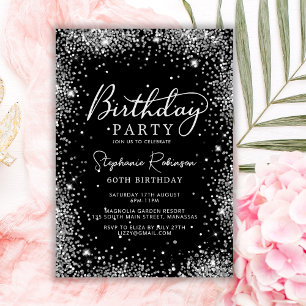 Convites Glam Silver Glitter e Black 60th Birthday