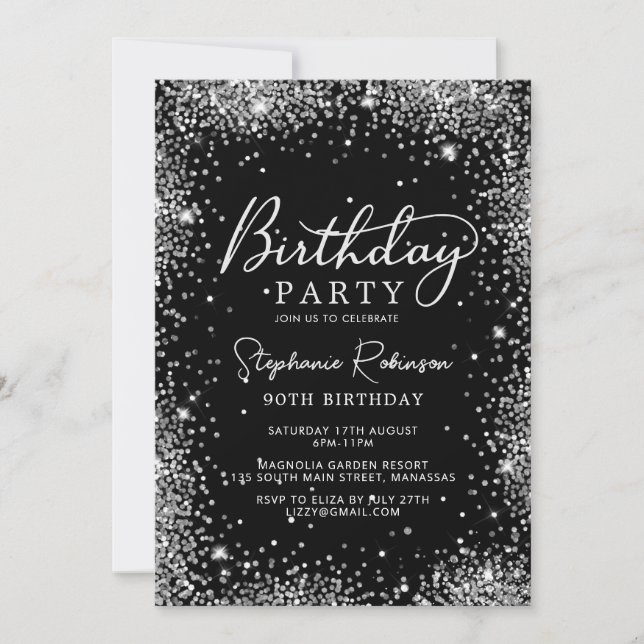 Convites Glam Silver Glitter e Black 90 Birday (Frente)
