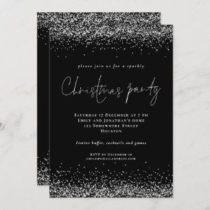 Convites Glam Silver Glitter Script Festa de Natal Preto