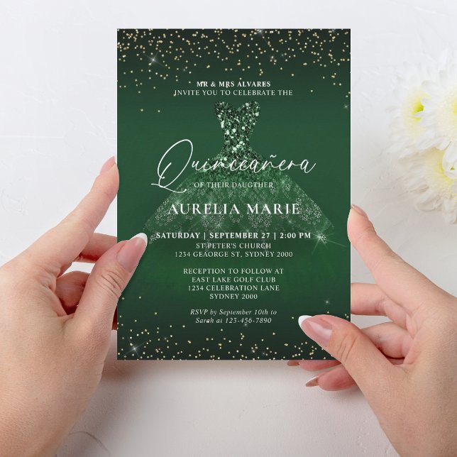 Convites Glam Sparkle Dourada Princesa Verde Vestida Quince (Criador carregado)