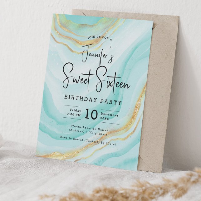 Convites Glam Turquoise Marble Glitter Sweet 16 Party (Glam Turquoise Marble Glitter Sweet 16 Party Invitation)