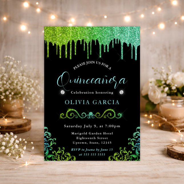Convites Glam Verde e Azul Gradiente Brilho Quinceanera (Criador carregado)