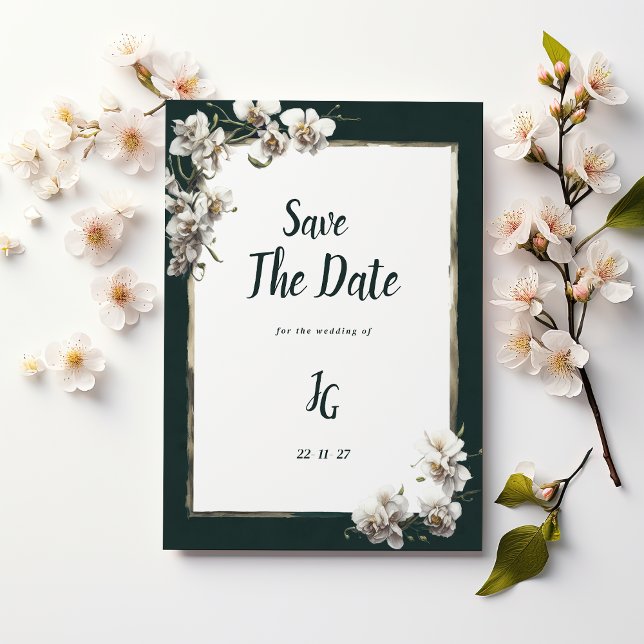 Convites Glam verde escuro dourado orquídea branca Save The (Glam dark green gold white orchid Save The Date)