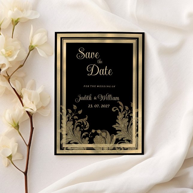 Convites Glam vintage black gold lace floral Guarde a Data (Glam vintage black gold lace floral Save the Date)