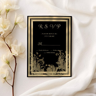 Convites Glam vintage black gold lace floral RSVP