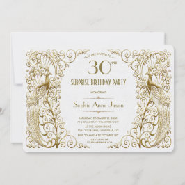 Convites Glam White Dourado Art Deco Peacocks Aniversário C