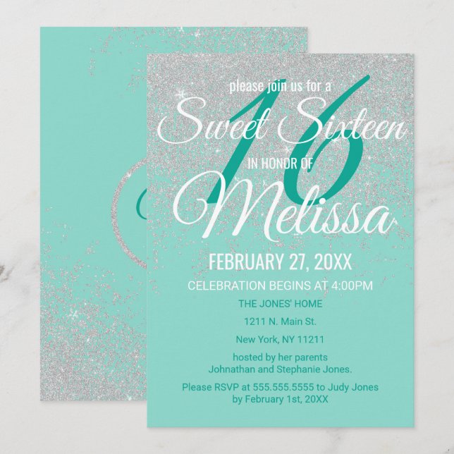 Convites Glam White Glitter Sparkles Teal Sweet 16 (Frente/Verso)