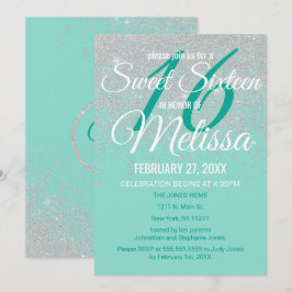 Convites Glam White Glitter Sparkles Teal Sweet 16