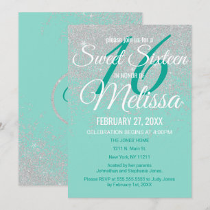 Convites Glam White Glitter Sparkles Teal Sweet 16