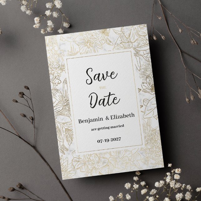 Convites Glam white gold cinza marble floral Salve a data (Glam white gold gray marble floral Save the Date)