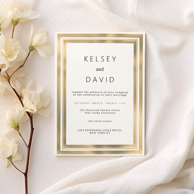 Convites Glam White Gold, quadro geométrico casamento elega (Glam white gold geometric frame elegant wedding)