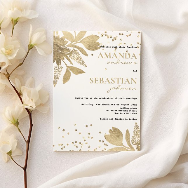 Convites Glam white gold typografia confetti floral Casamen (Glam white gold typography confetti floral Wedding )