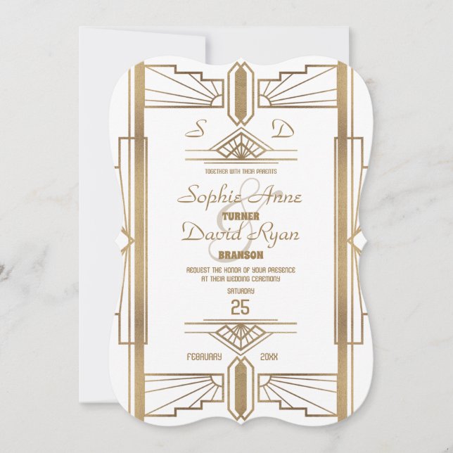 Convites Glam White Roaring 20's Excelente Gatsby Wedding (Frente)