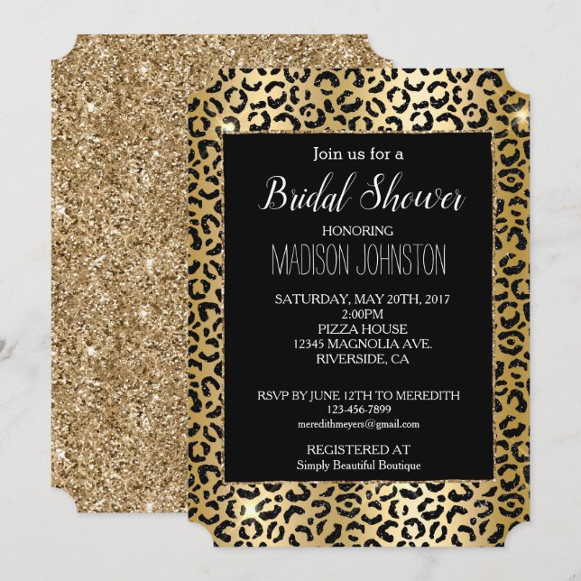 Convites Glam Yellow Dourada Leopardo Negro Brilhante (Frente/Verso)