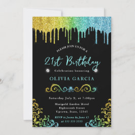 Convites Glam Yellow e Blue Glitter aniversário de 21 anos