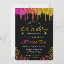 Convites Glam Yellow e Pink Glitter aniversário de 21 anos