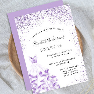 Convites Glama brilhante de 16 roupas brancas violetas