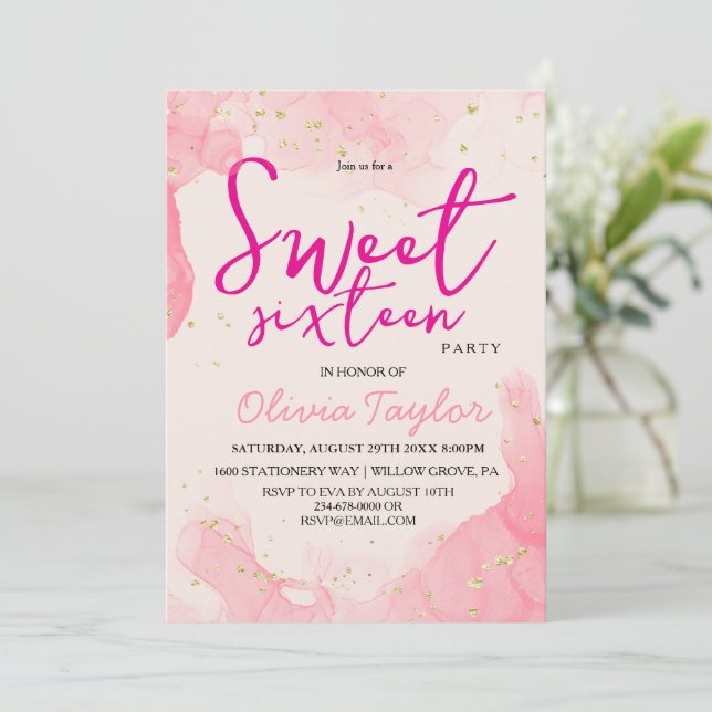 Convites Glama de Aquarela Rosa Moderna Doce Dezesseis (Em pé/Frente)