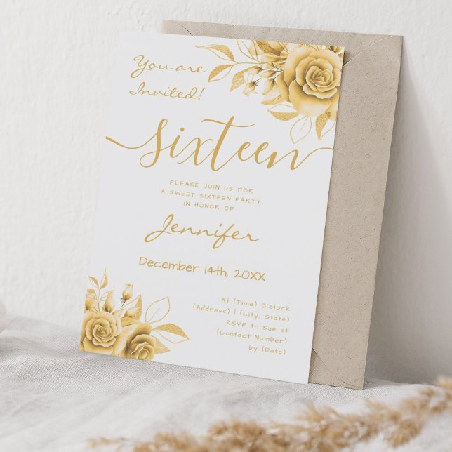 Convites Glama Floral Coquette Dourado Sweet 16 (Coquette Gold Sweet 16 Floral Glam Invitation)
