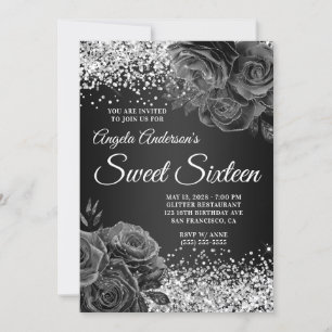 Convites Glama Floral Preto-Silver Glama Doce Dezesseis