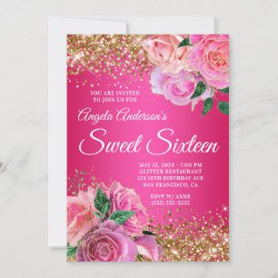 Convites Glama Floral Rosa Quente Dourado, Glama Verde Deze