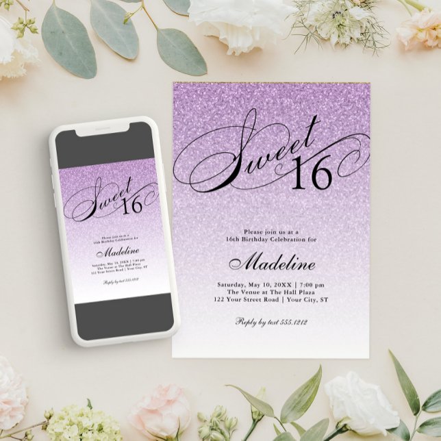 Convites Glama Púrpura Leve Brilhante Doce 16 (Criador carregado)
