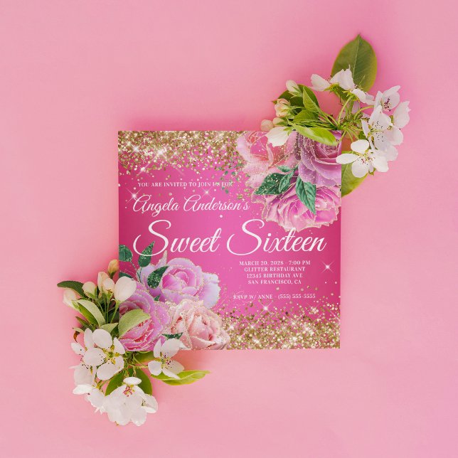 Convites Glama Rosa Rosa Rosa, Rosa, Dourada cintilante, do (Create your own Sweet 16 birthday invitation for her.)