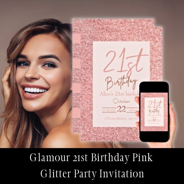 Convites Glamor aniversário de 21 anos Rosa (Glamour 21st Birthday Pink Glitter Party Invitations)