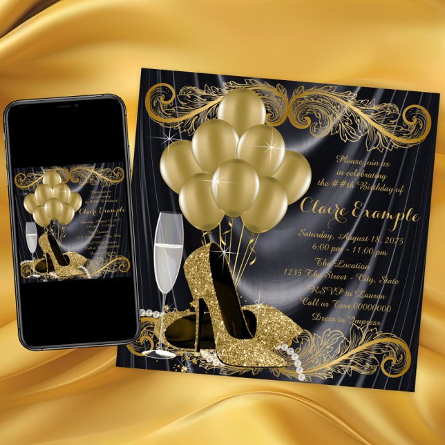 Convites Glamor de Hollywood, Festa de aniversário negra e  (Black gold high heel shoe birthday party invitation with gold shoes, balloons, pearls on satin back.)