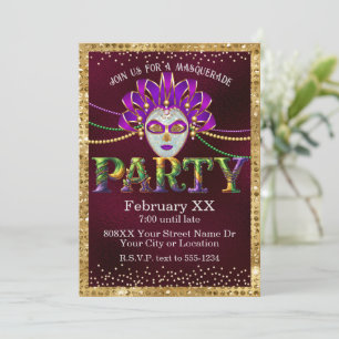 Convites Glamordy Burgundy Mascarada Mardi Gras Party
