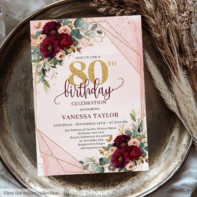 Convites Glamororé Boho Burgundy Rosa 80 Aniversário (Glamorous Boho Burgundy Gold Roses 80th Birthday Invitation)