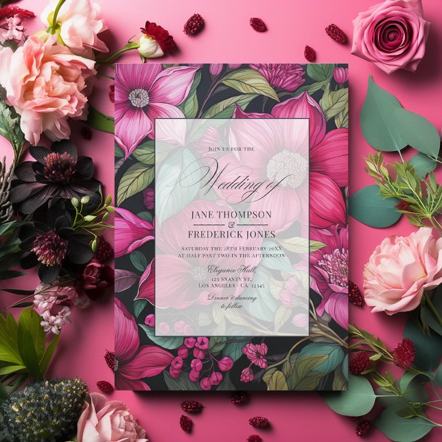 Convites Glamorosa Fuchsia, Emerald Verde e Preto Floral (Glamorous Fuchsia, Emerald Green and Black Floral Wedding Invitation)