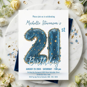 Convites Glamoroso Diamante Azul Dourado 3D Aniversário de 