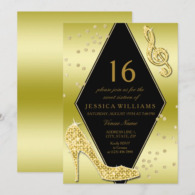 Convites Glamoroso Dourado Glitzy Doce 16 (Frente/Verso)