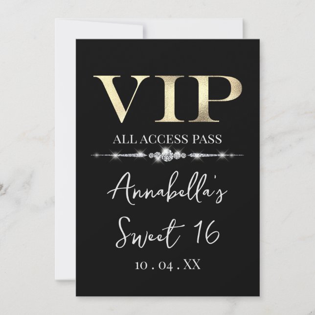 Convites Glamoroso Gold VIP em Preto (Frente)