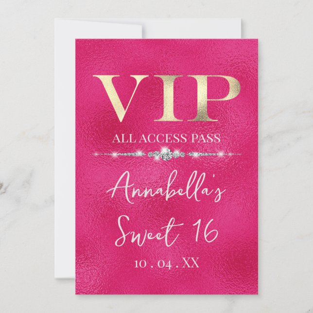 Convites Glamoroso Gold VIP em Rosa Quente (Frente)