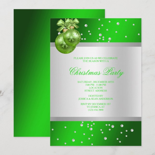 Convites Glamoroso Natal com Bolas e Pérolas Verdes (Frente/Verso)