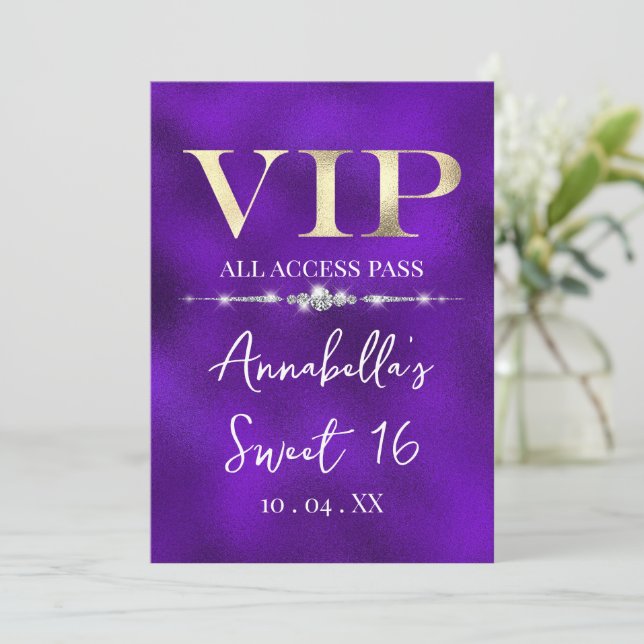 Convites Glamoroso Ouro VIP em Roxo (Em pé/Frente)