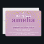 Convites GLAMOROUS BAT MITZVAH, roxo de confete de ouro rús<br><div class="desc">NOTA - o efeito brilhante do ouro é uma imagem impressaUm confete fofo, design de bolinhas com folha de ouro, procure os CONVITES MITZVAH de seu filho. Uau, seus amigos e família com este pequeno número;D Configuração como modelo é simples você adicionar seus próprios detalhes, adicionar sua foto ou clicar...</div>