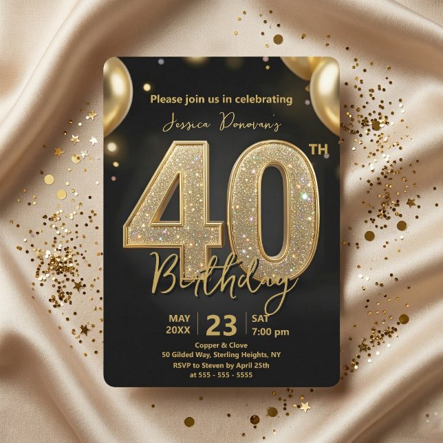 Convites Glamorous Black Gold Glitter 40th Birthday Party (Criador carregado)