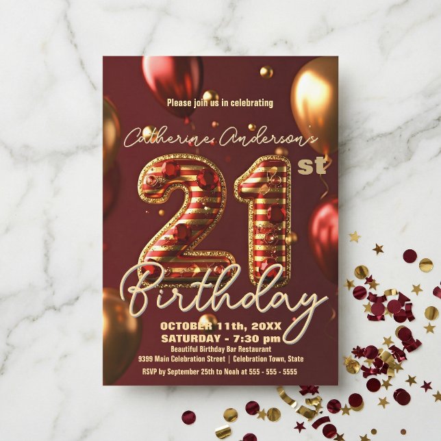 Convites Glamorous Burgundy Red Gold Balloon 21st Birthday (Criador carregado)