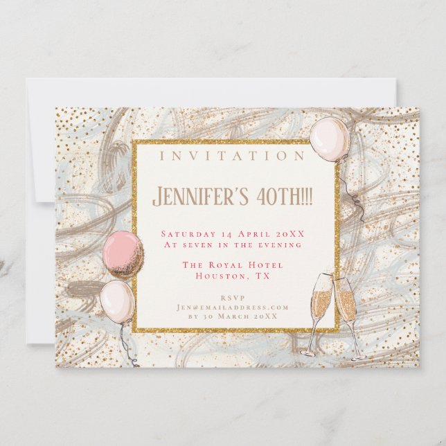 Convites Glamorous Confetti Flutes Balloons, Dourada do 40º (Frente)