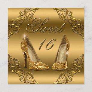 Convites Glamorous Dourada Glitter High Heels Sweet 16