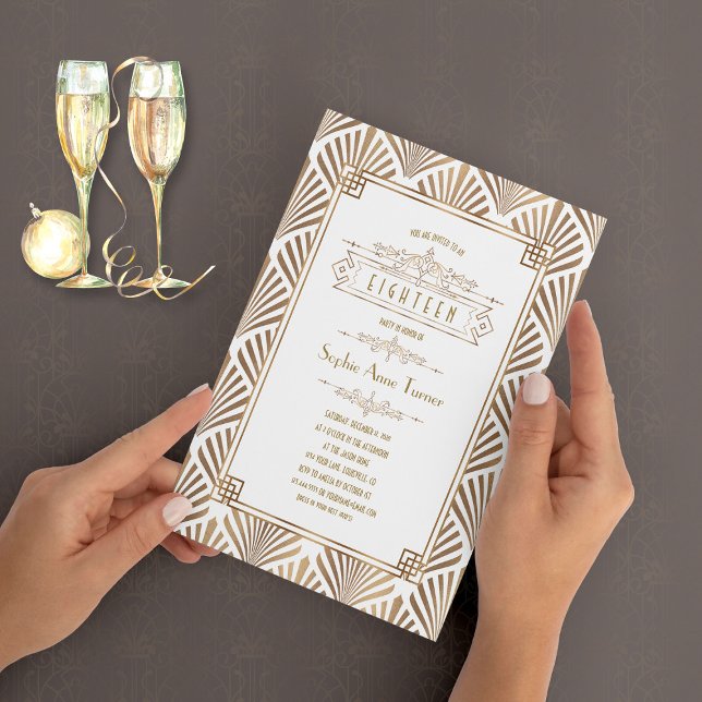 Convites Glamorous Dourado Art Deco Excelente Gatsby 18º An (great gatsby eighteen birthday, roaring 20s birthday, 18th birthday invitation)